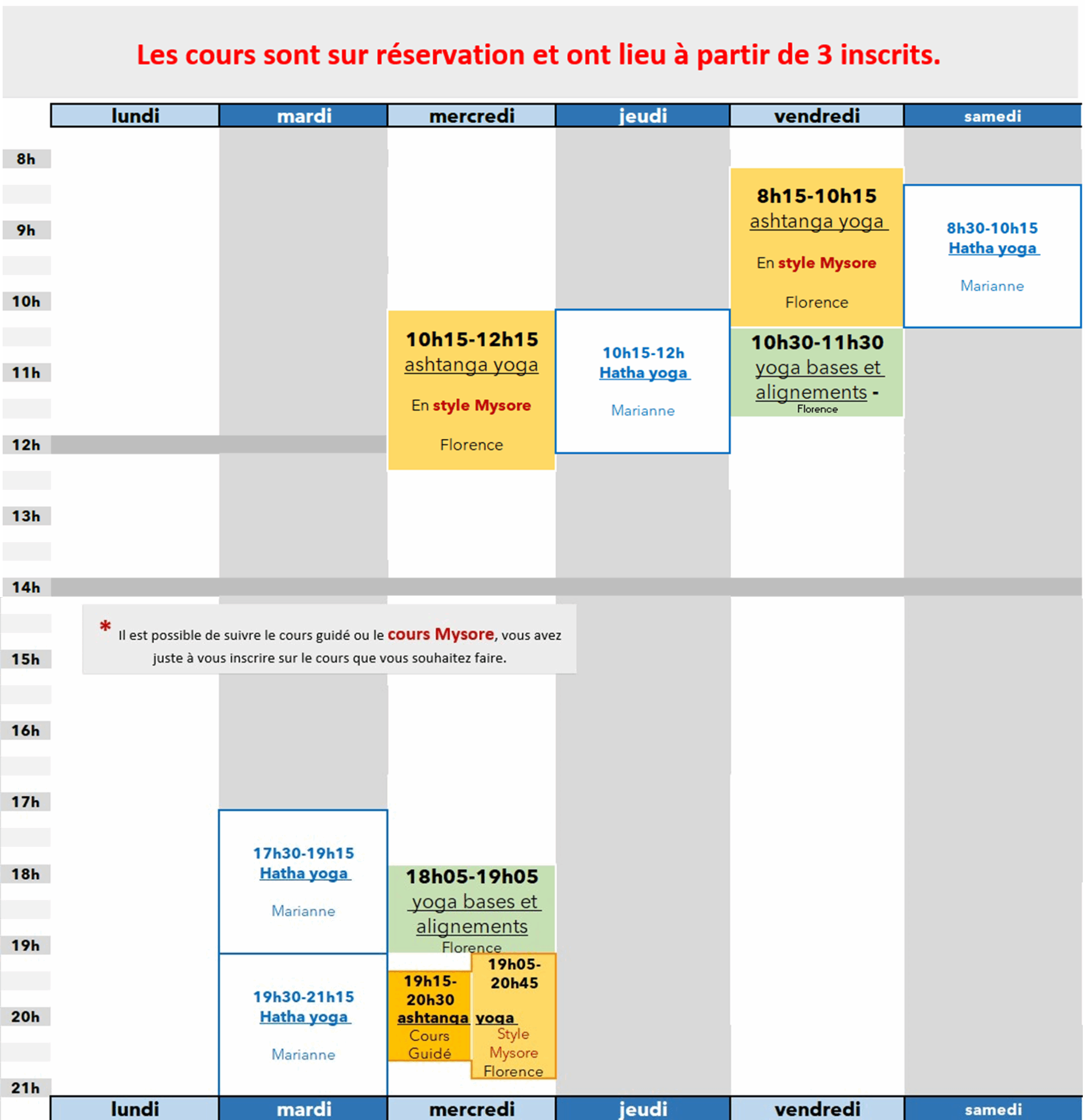 Planning des cours de yoga
