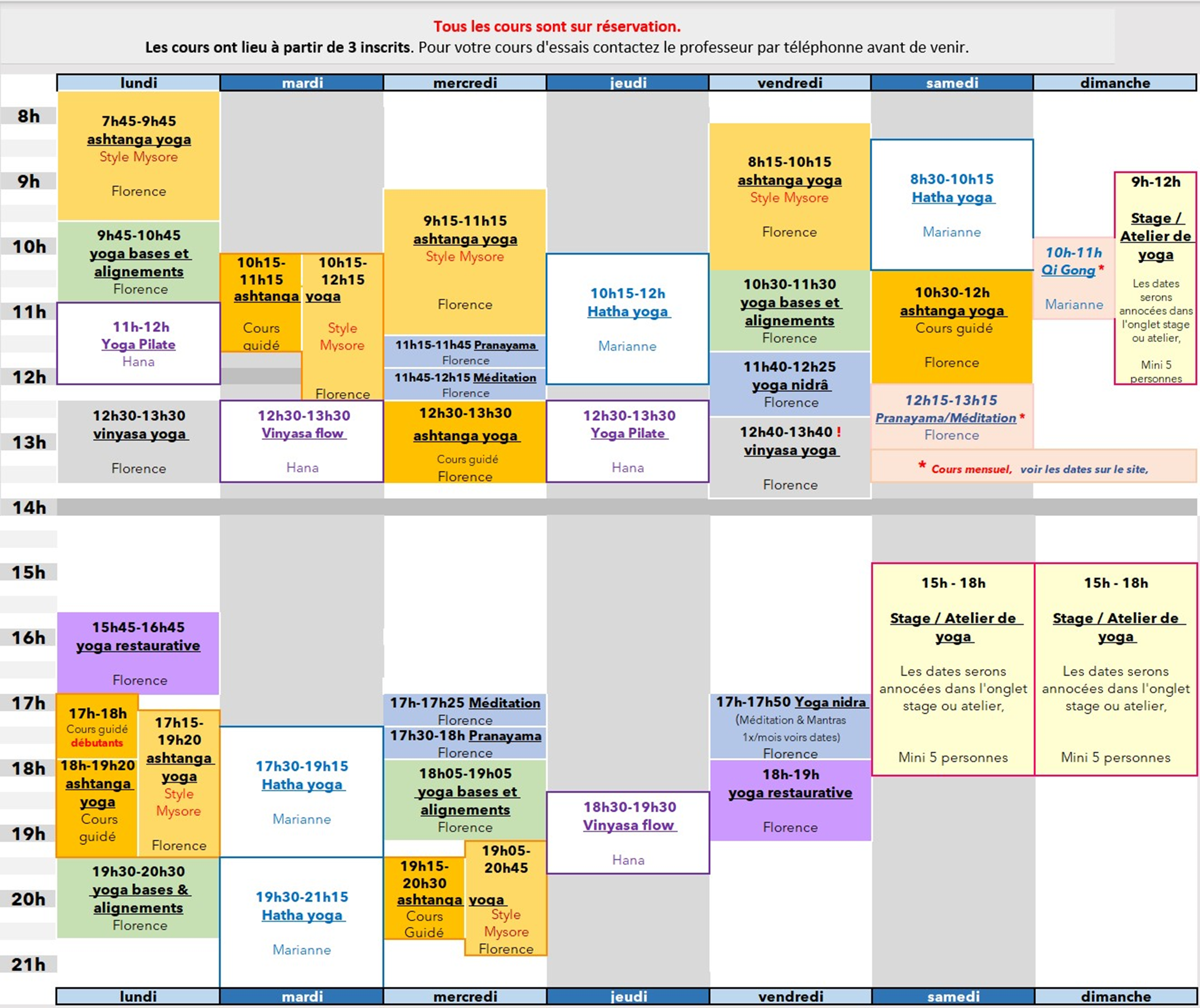 Planning des cours de yoga