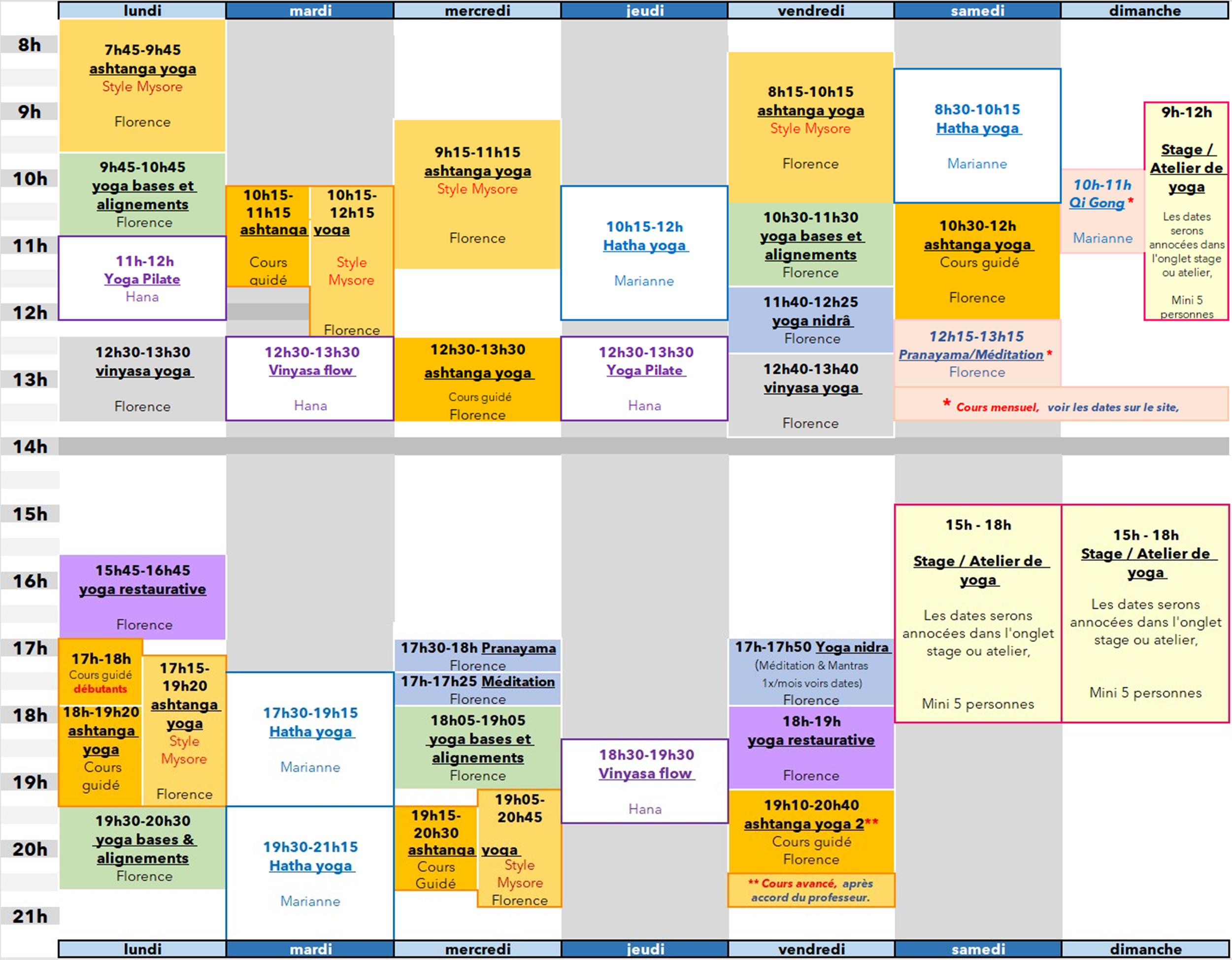 Planning des cours de yoga