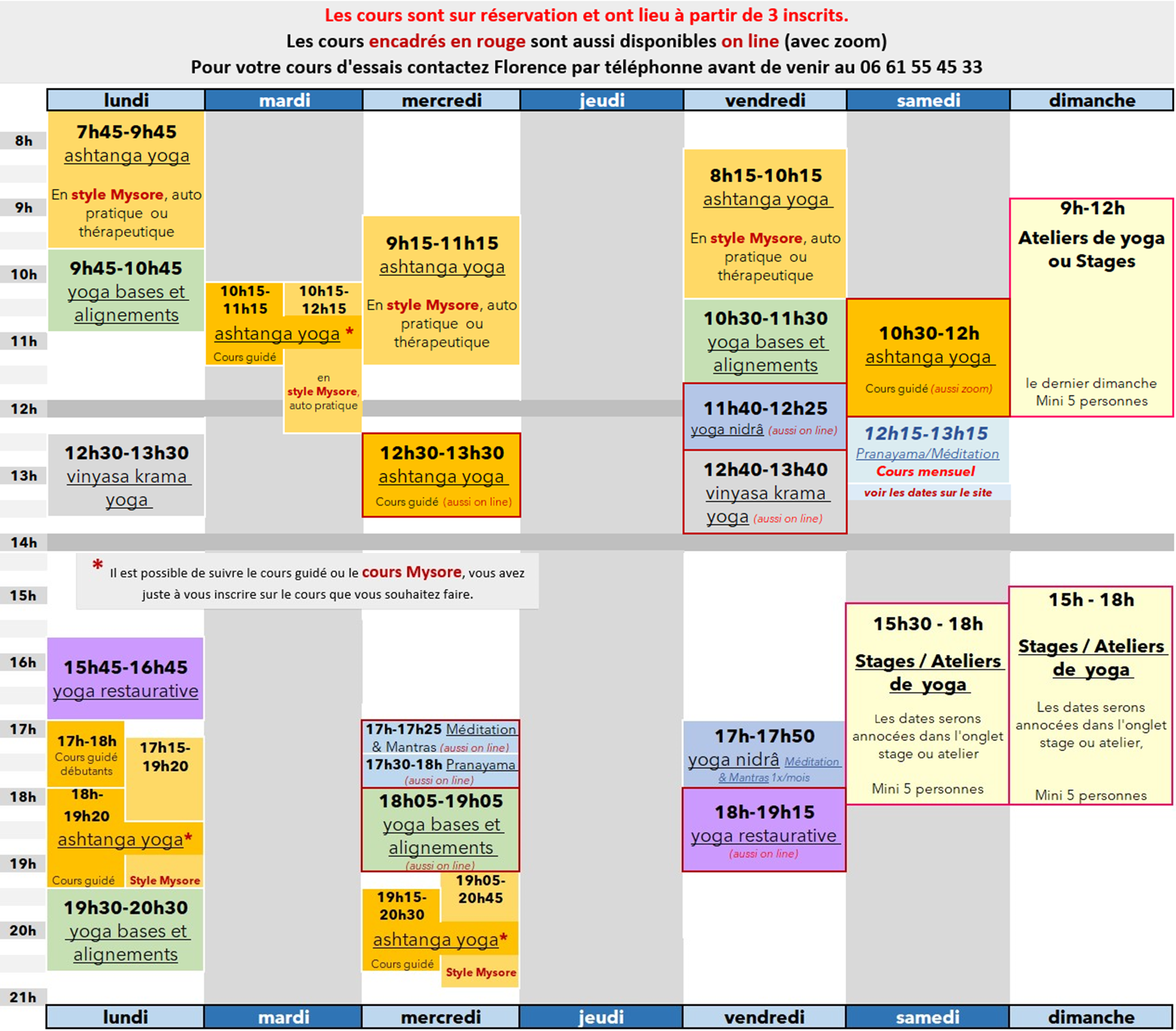 Planning & tarifs Centre Ashtanga Vinyasa Yoga