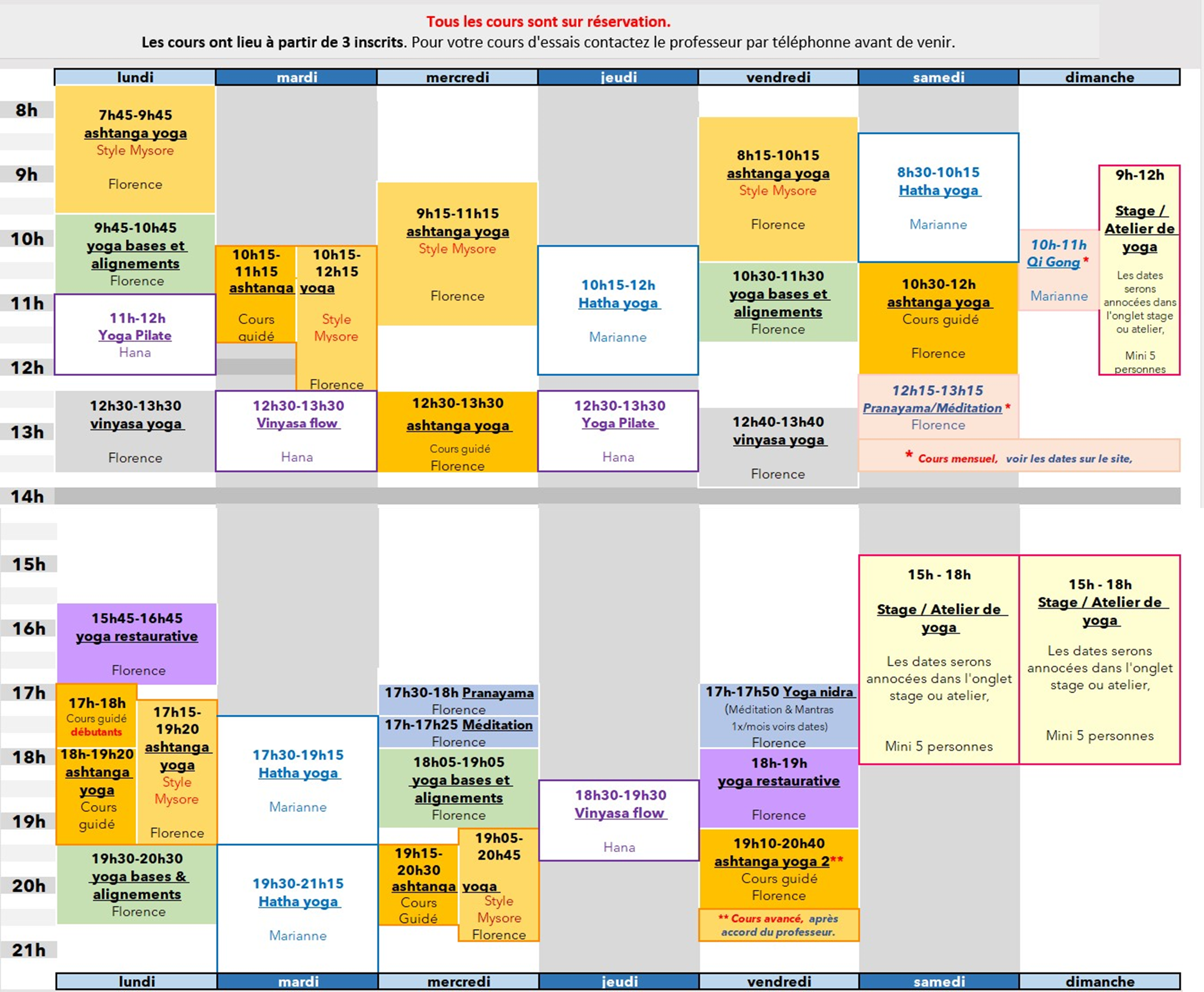 Planning des cours de yoga