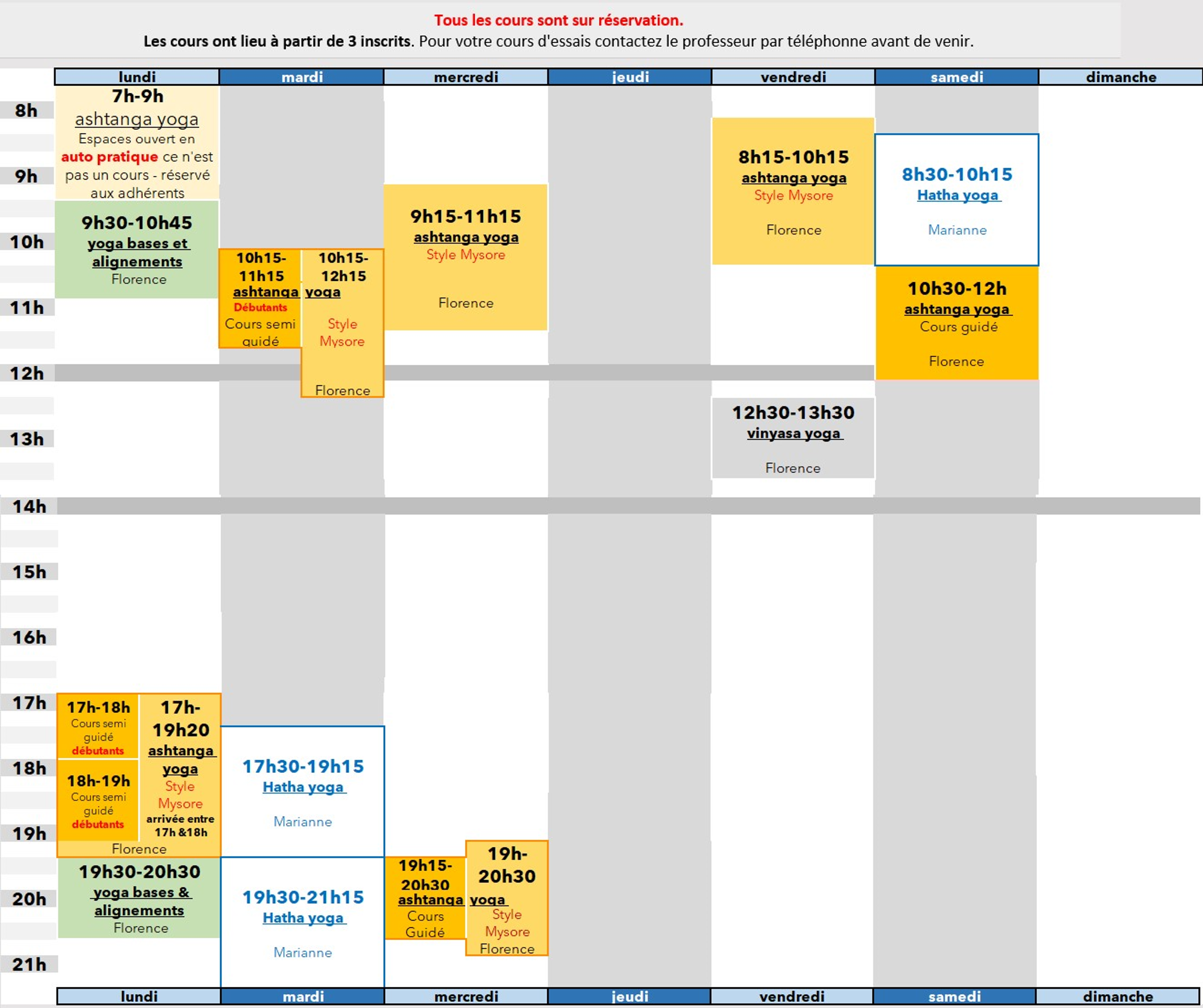 Planning des cours de yoga