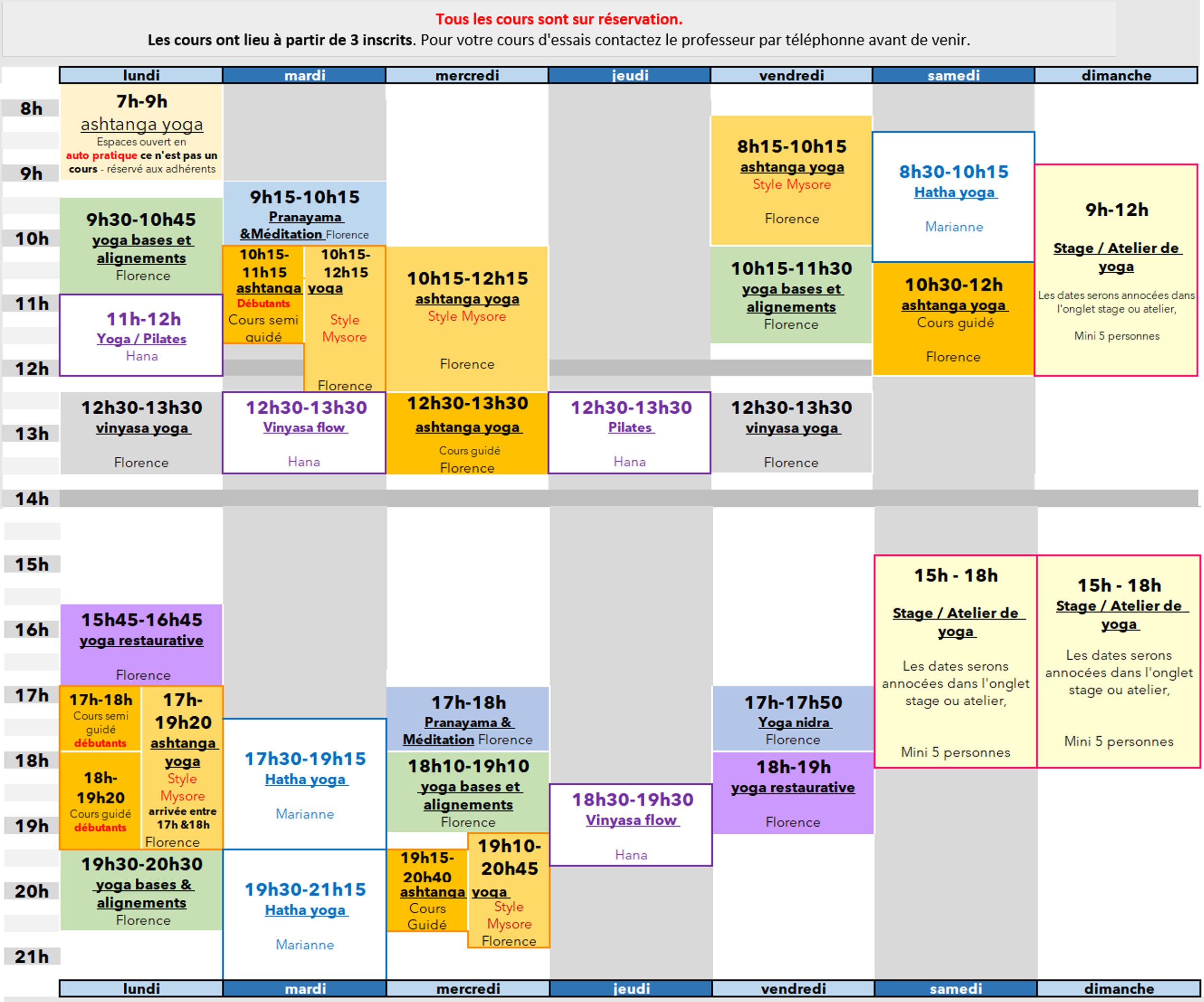 Planning des cours de yoga
