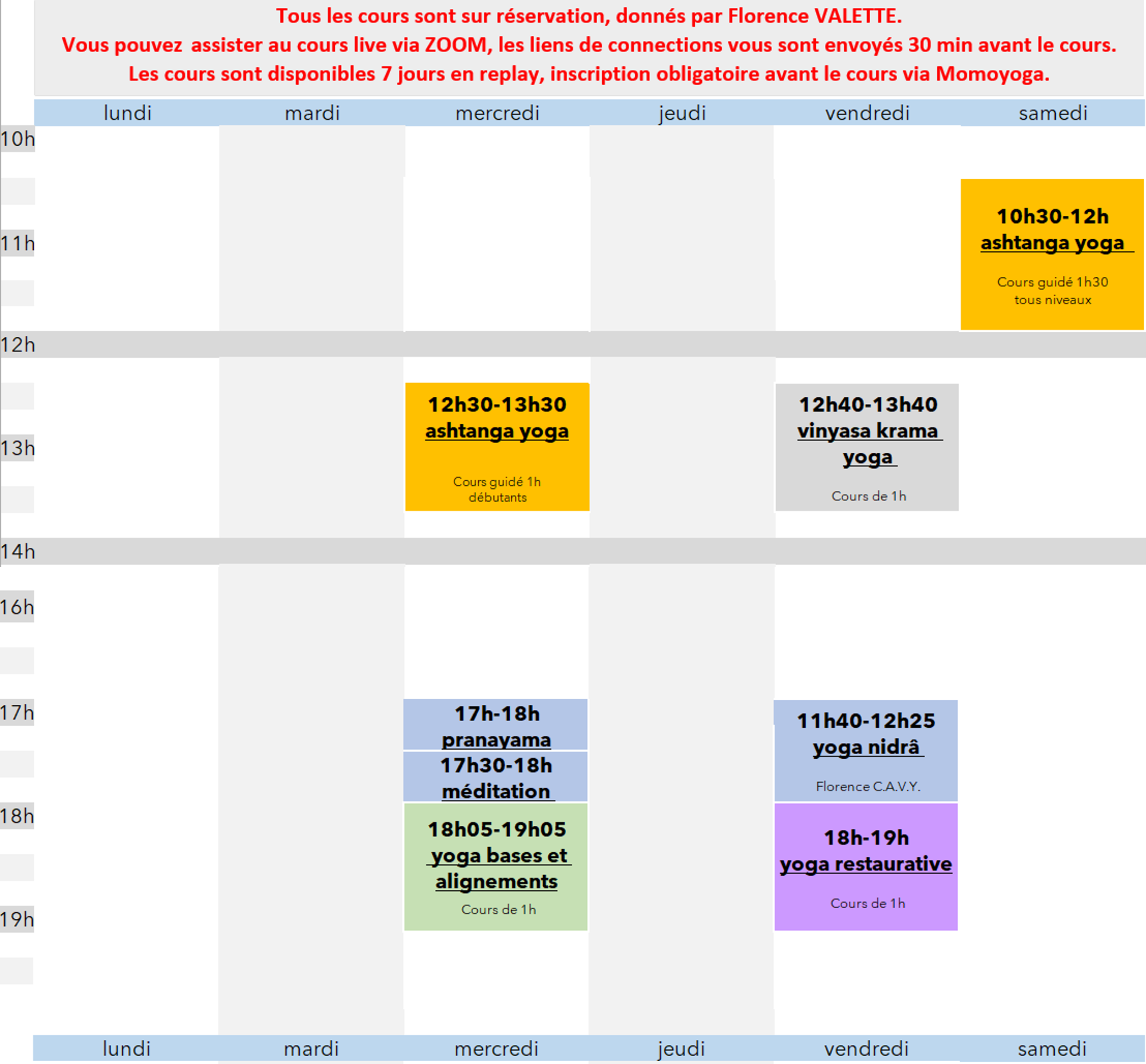 planning des cours en ligne